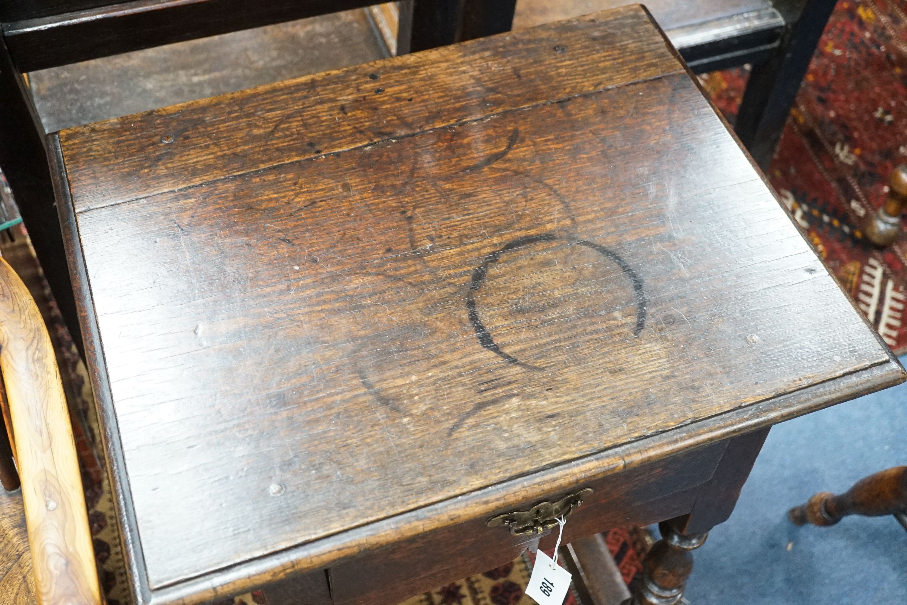 A small William and Mary rectangular oak side table on baluster turned legs, width 51cm, depth 41cm, height 69cm